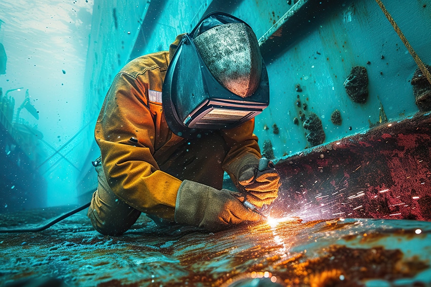 Diver welding a ship hull underwater in a marine construction project in Canada