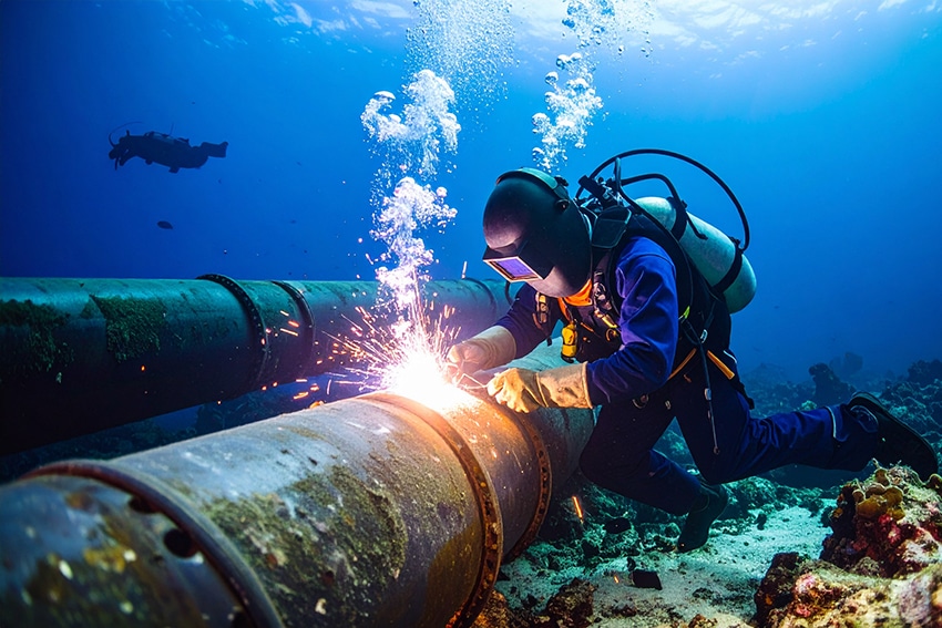 Underwater welder using cutting tools on a submerged pipeline in Canadian waters